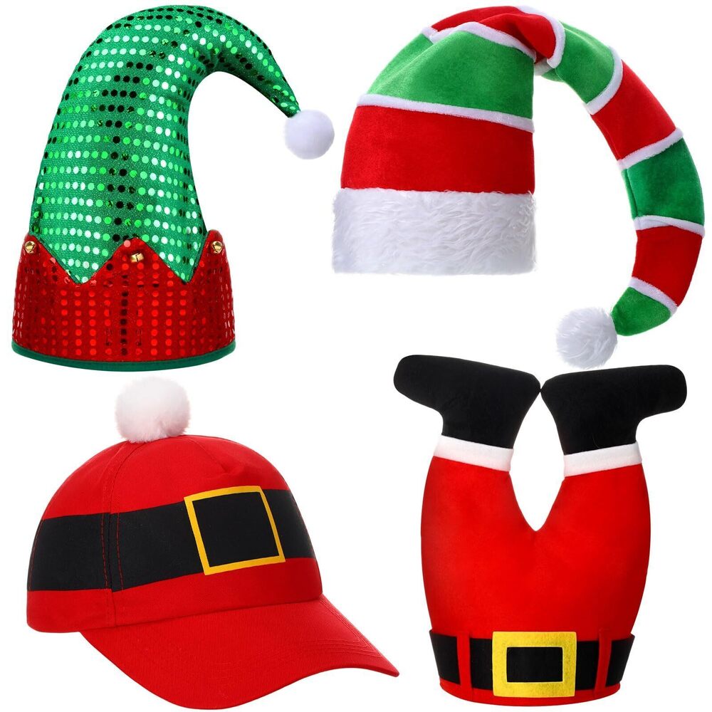 1756 4 Pack Christmas Elf Hats Bulk Funny Unisex Adult Santa Crazy Novelty